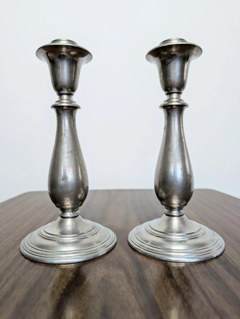 Pair Of Vintage Spindle Silver Tone Mayflower Pewter Tall Candlestick Holders